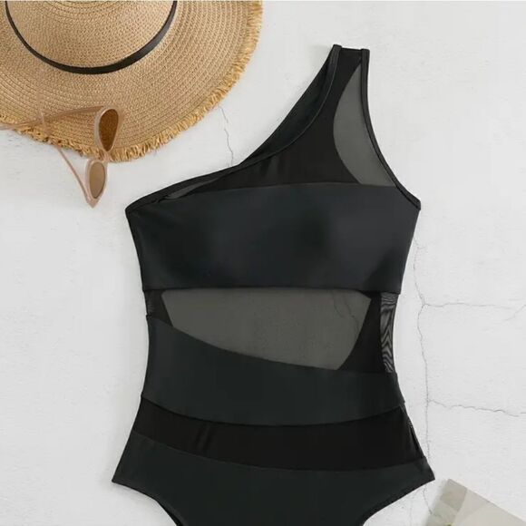 Elegant Black One Shoulder Swimsuit with Contrast Mesh High Elasticity - Picture 7 of 16